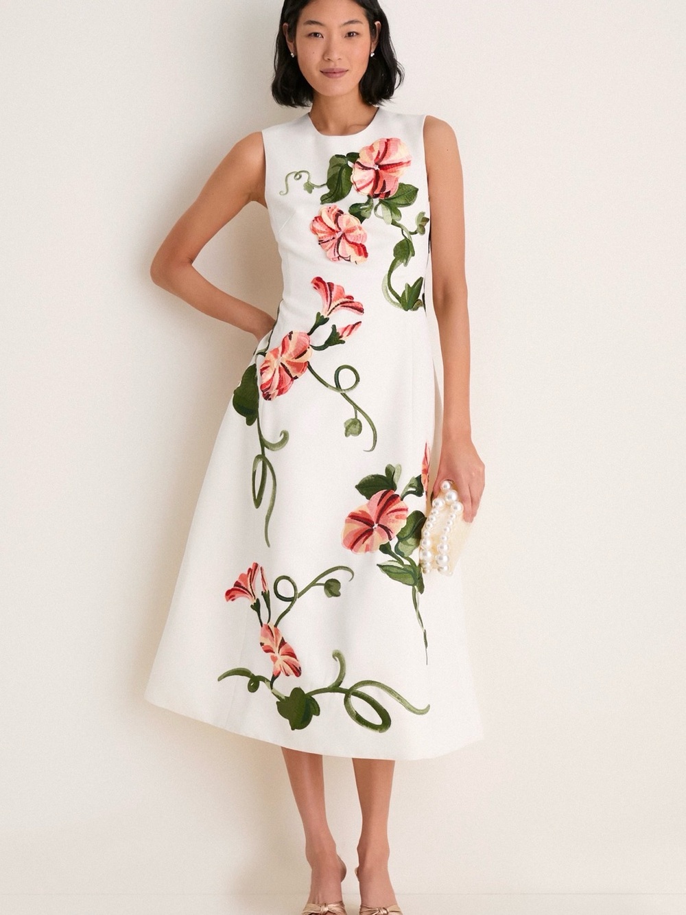 LEO LIN Cleo Appliqué Vine Print Midi Dress White Pink AU 12 / US 8 - Picture 1 of 3